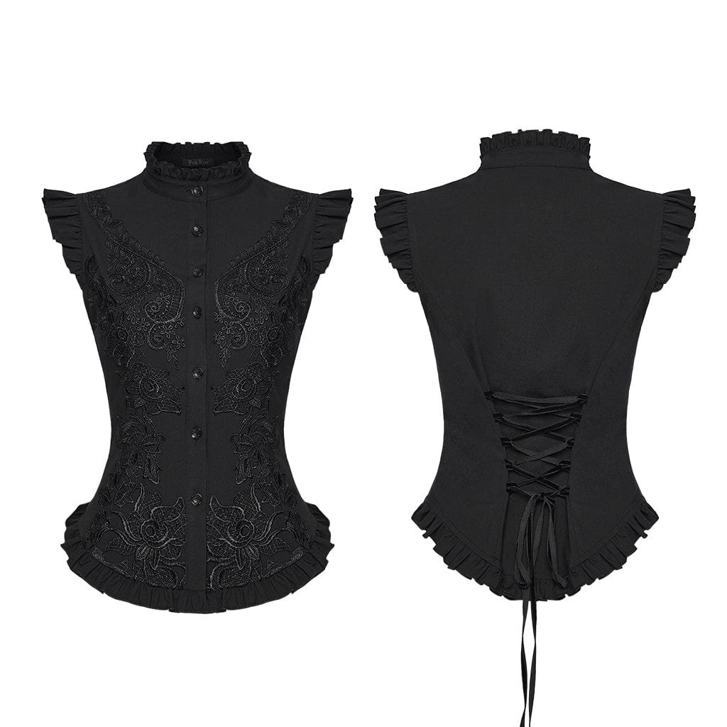 PUNK RAVE Women's Gothic Floral Embroidered Ruffled Stand Collar Shirt