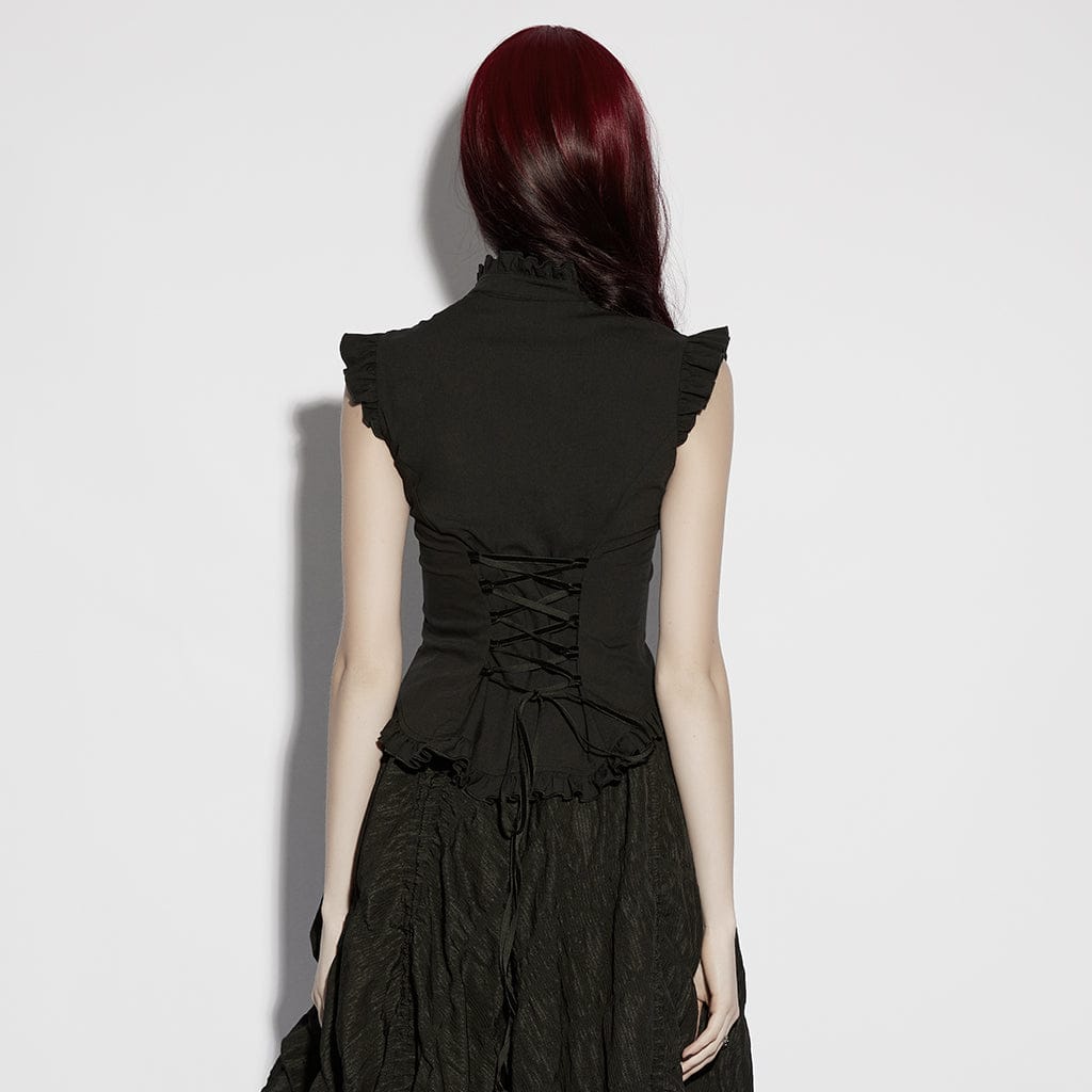 PUNK RAVE Women's Gothic Floral Embroidered Ruffled Stand Collar Shirt