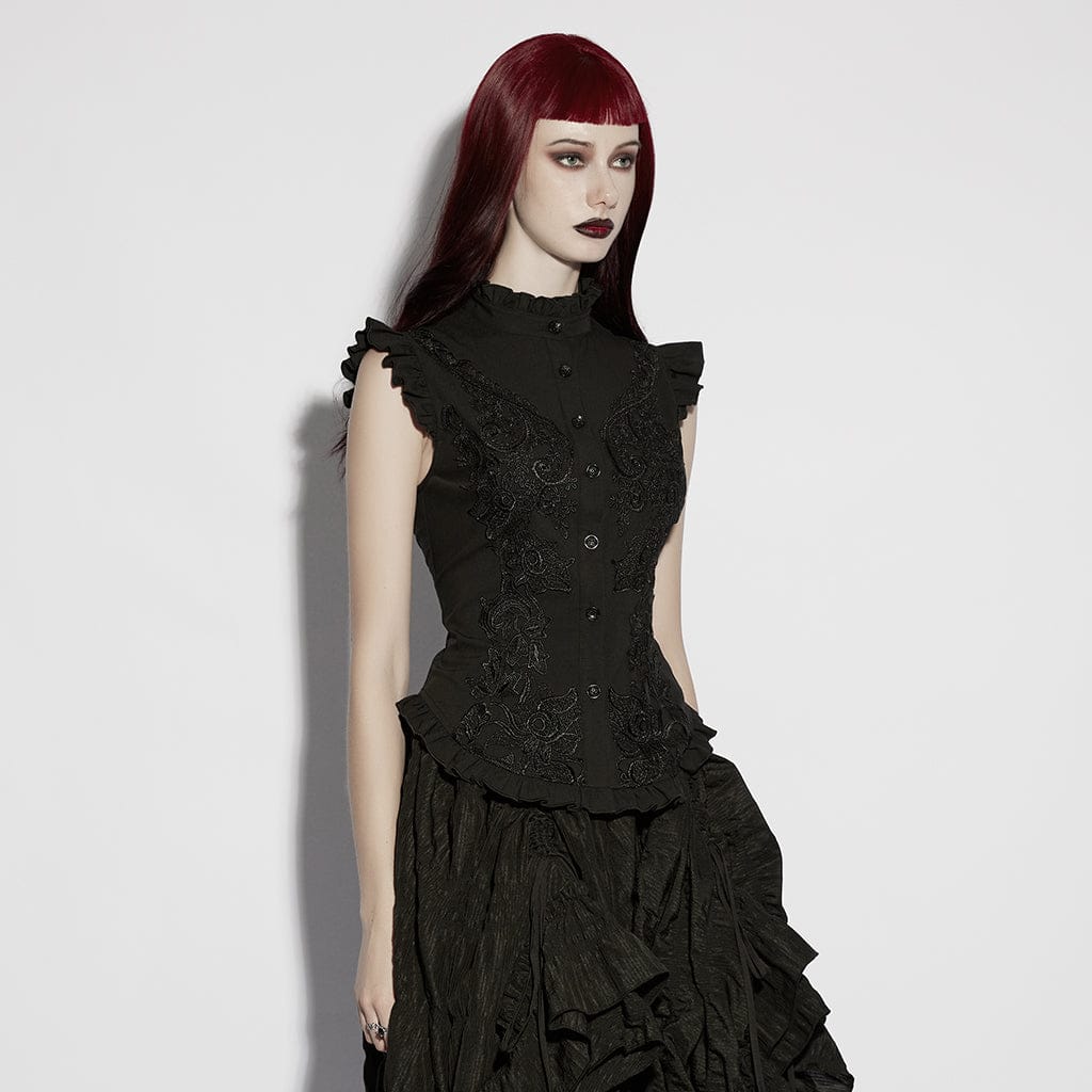 PUNK RAVE Women's Gothic Floral Embroidered Ruffled Stand Collar Shirt