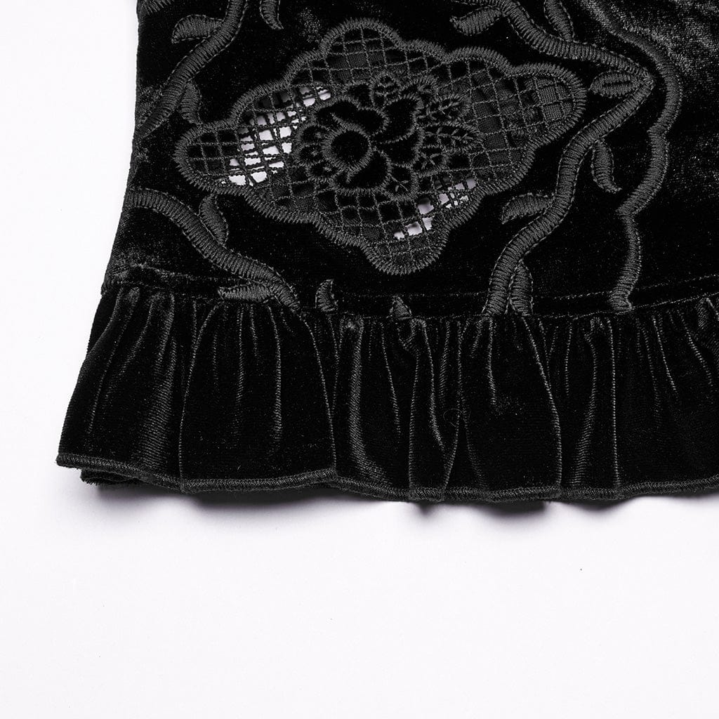 PUNK RAVE Women's Gothic Floral Embroidered Ruffled Velvet Shirt Black