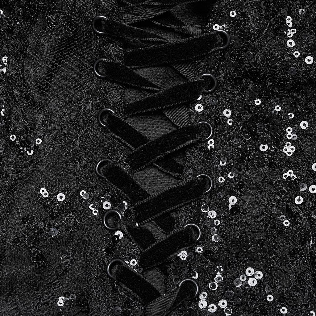 PUNK RAVE Women's Gothic Floral Embroidered Sequin Fishtail Wedding Slip Dress