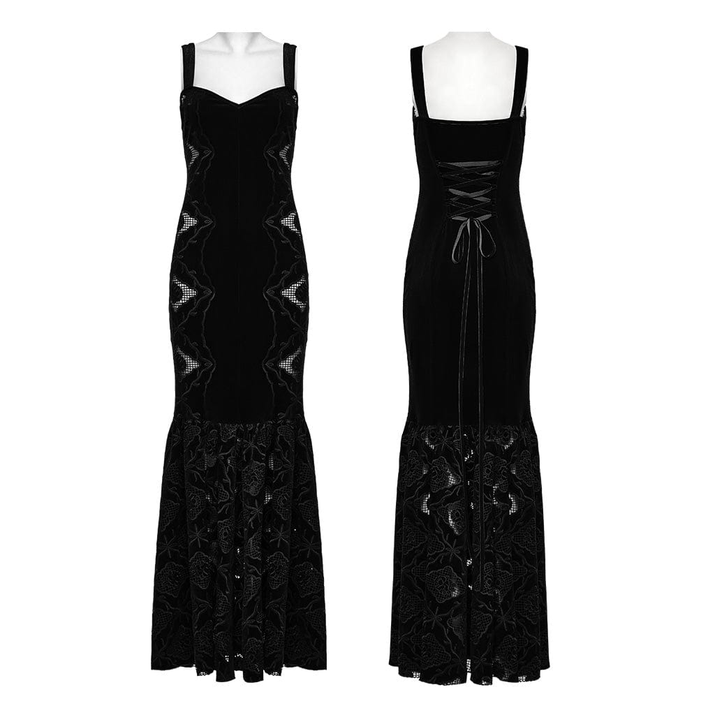 PUNK RAVE Women's Gothic Floral Embroidered Velvet Fishtail Slip Dress Black