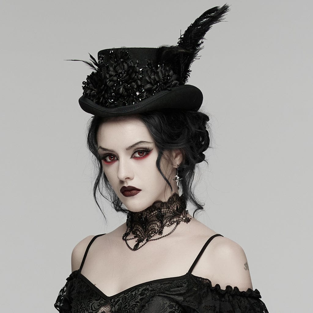 PUNK RAVE Women's Gothic Floral Feather Formal Hat