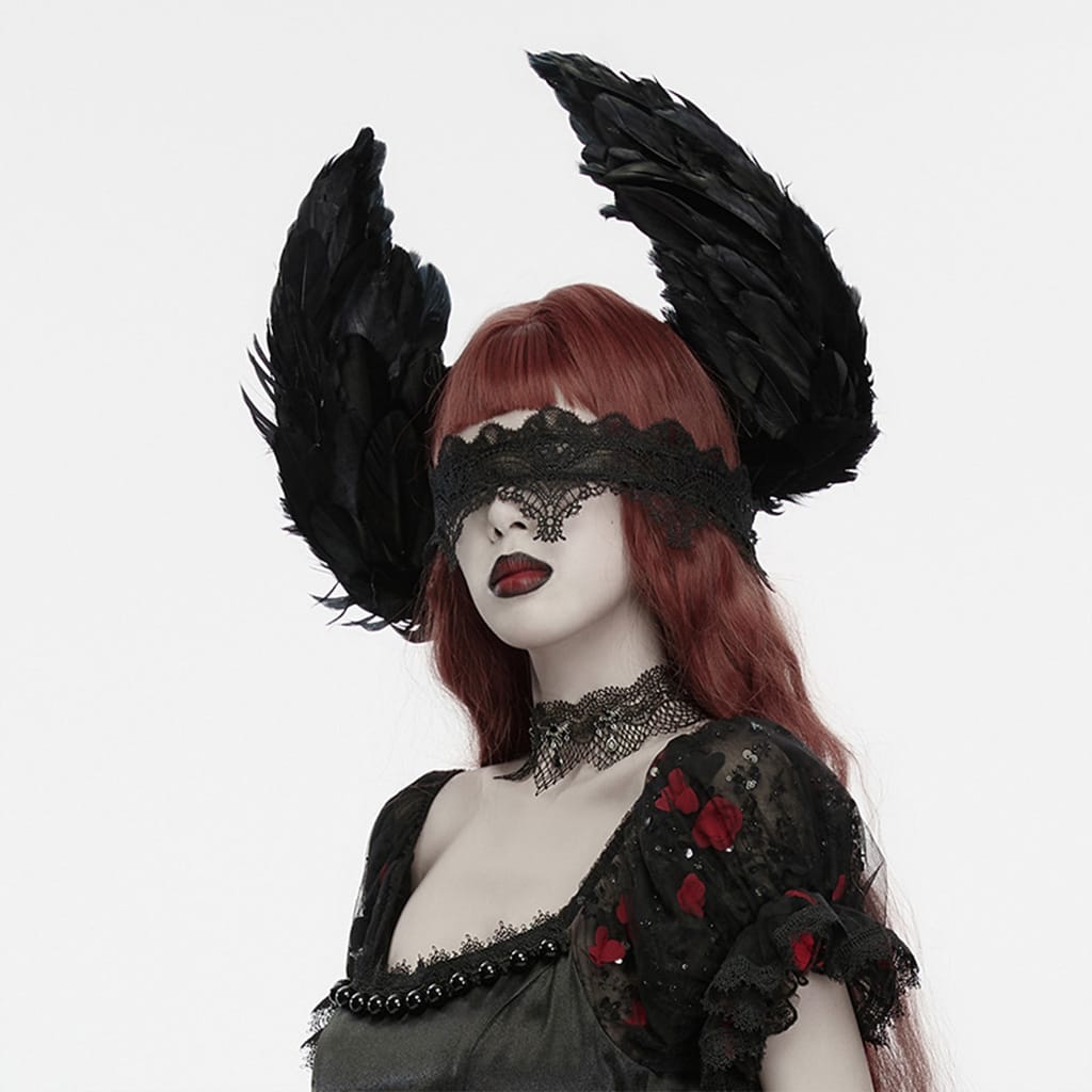 PUNK RAVE Women's Gothic Floral Feather Wing Headwear