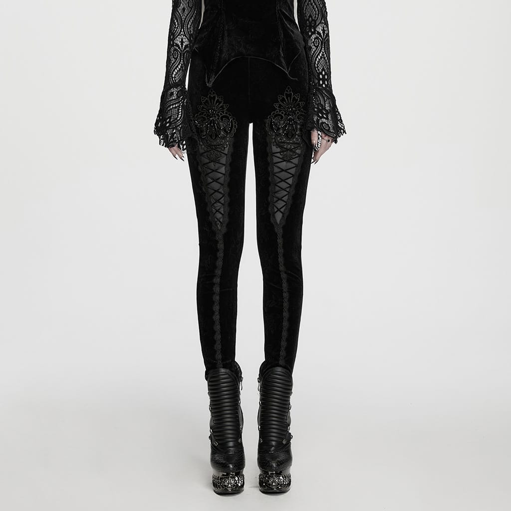 PUNK RAVE Women's Gothic Floral Jacquard Embroidered Velvet Leggings Black