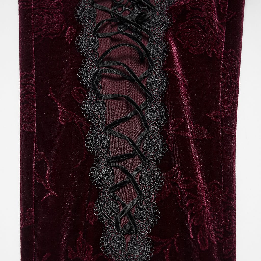 PUNK RAVE Women's Gothic Floral Jacquard Embroidered Velvet Leggings Red