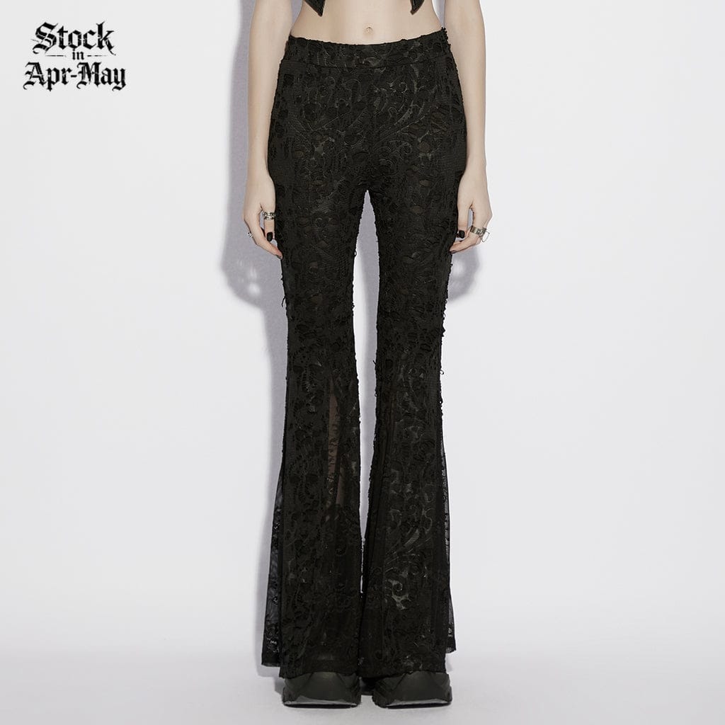 PUNK RAVE Women's Gothic Floral Jacquard Flared Pants