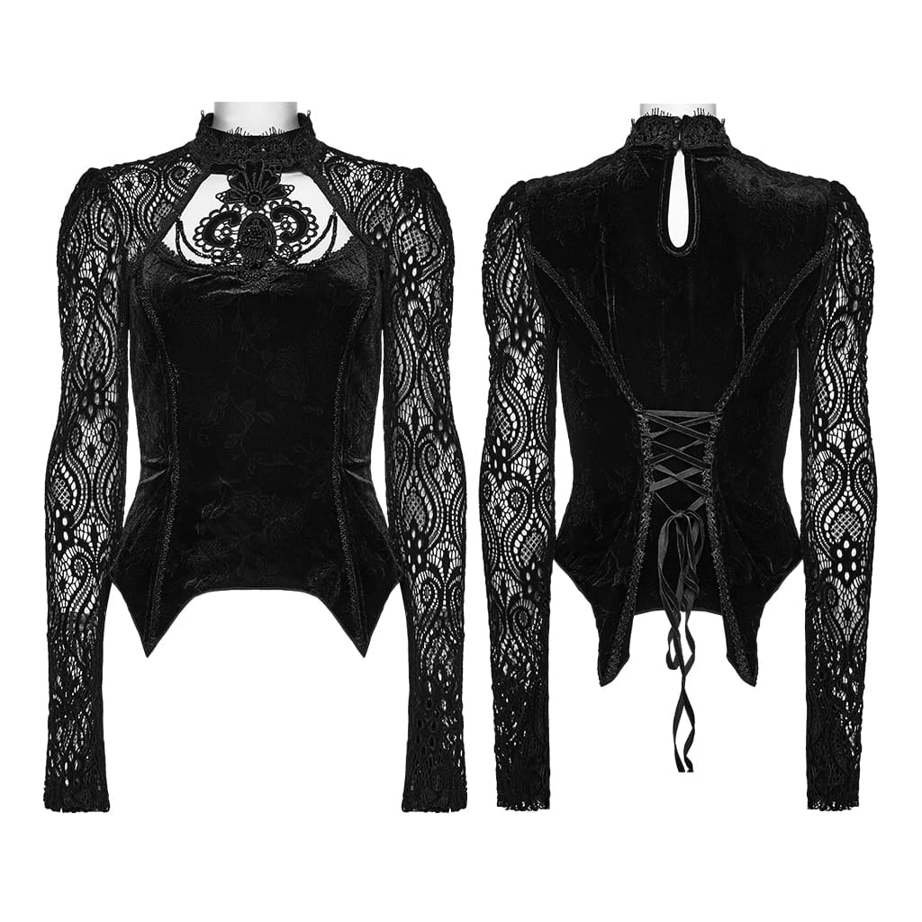 PUNK RAVE Women's Gothic Floral Jacquard Lace Long Sleeve Velvet Top Black