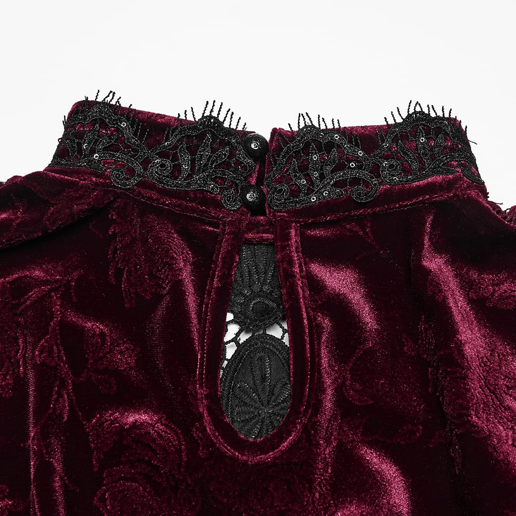 PUNK RAVE Women's Gothic Floral Jacquard Lace Long Sleeve Velvet Top Red