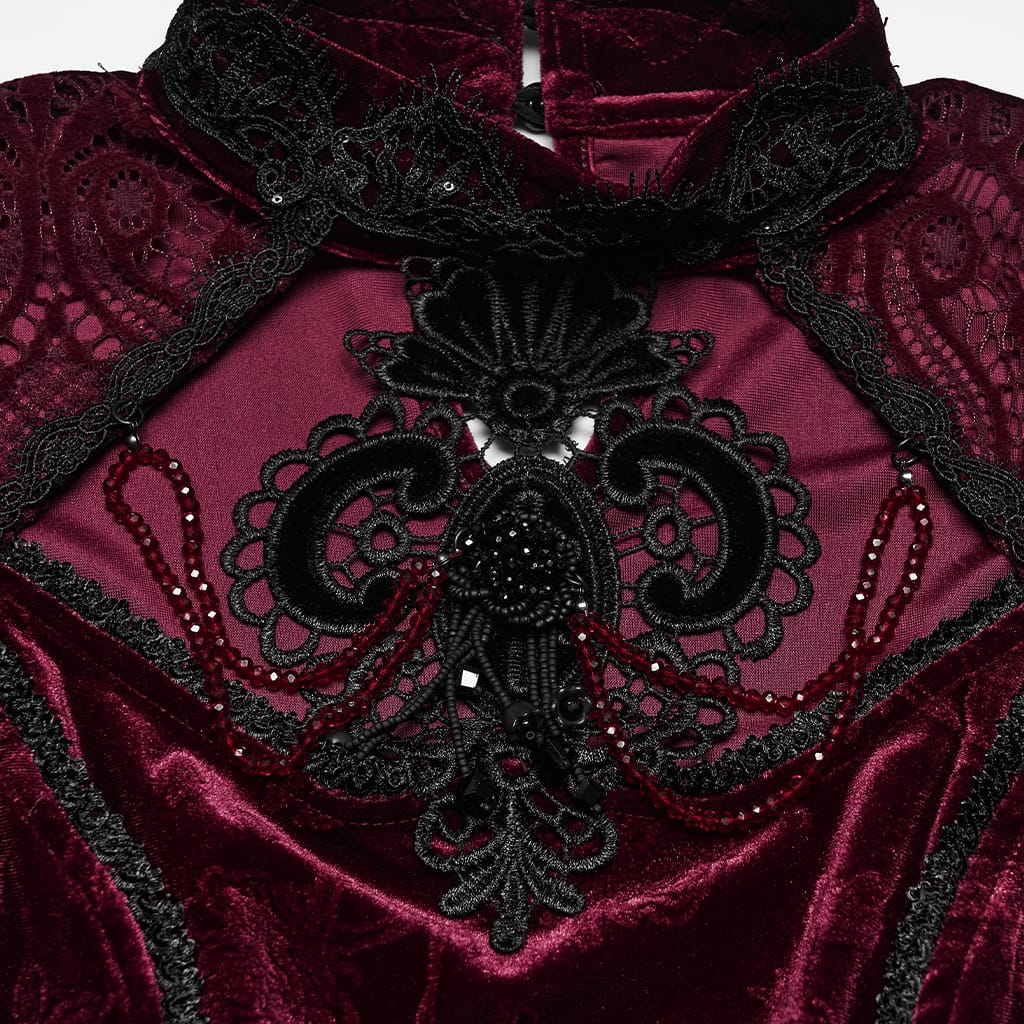 PUNK RAVE Women's Gothic Floral Jacquard Lace Long Sleeve Velvet Top Red