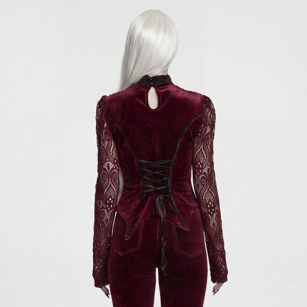 PUNK RAVE Women's Gothic Floral Jacquard Lace Long Sleeve Velvet Top Red