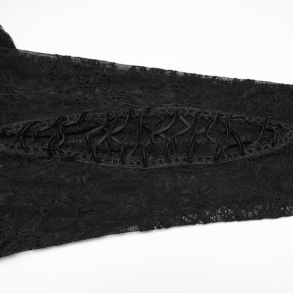 PUNK RAVE Women's Gothic Floral Lace Drawstring Ruched Flared Pants