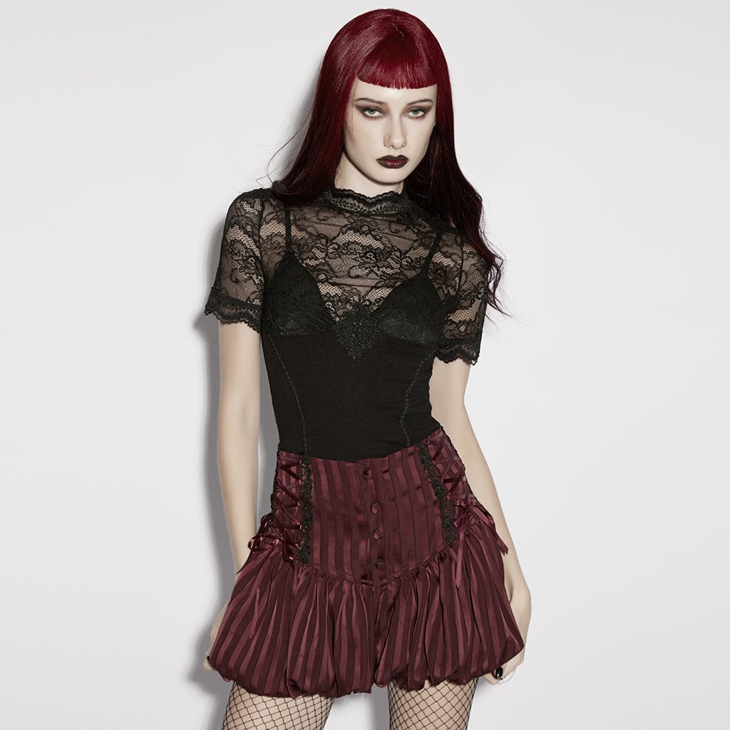 PUNK RAVE Women's Gothic Floral Lace Short Sleeved Top