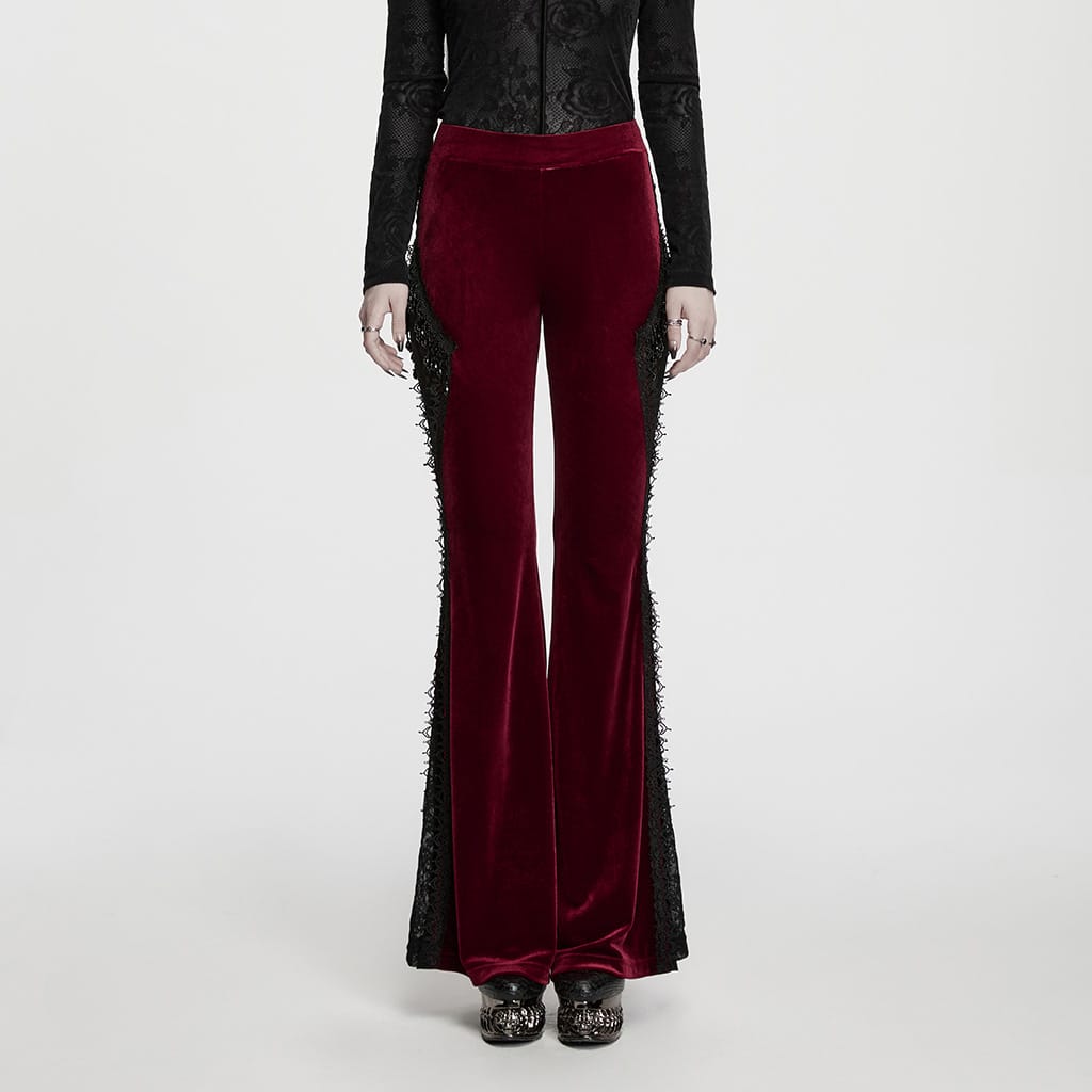 PUNK RAVE Women's Gothic Floral Lace Spliced Beaded Tassel Flare Pants Red