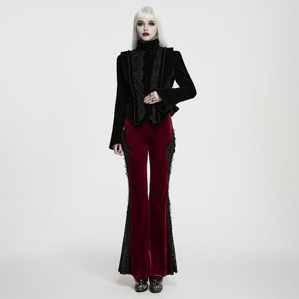 PUNK RAVE Women's Gothic Floral Lace Spliced Beaded Tassel Flare Pants Red