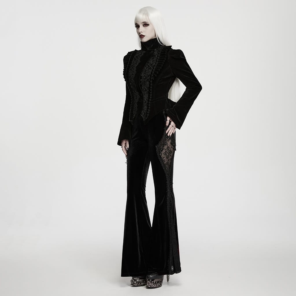PUNK RAVE Women's Gothic Floral Lace Spliced Beaded Tassel Flared Pants Black