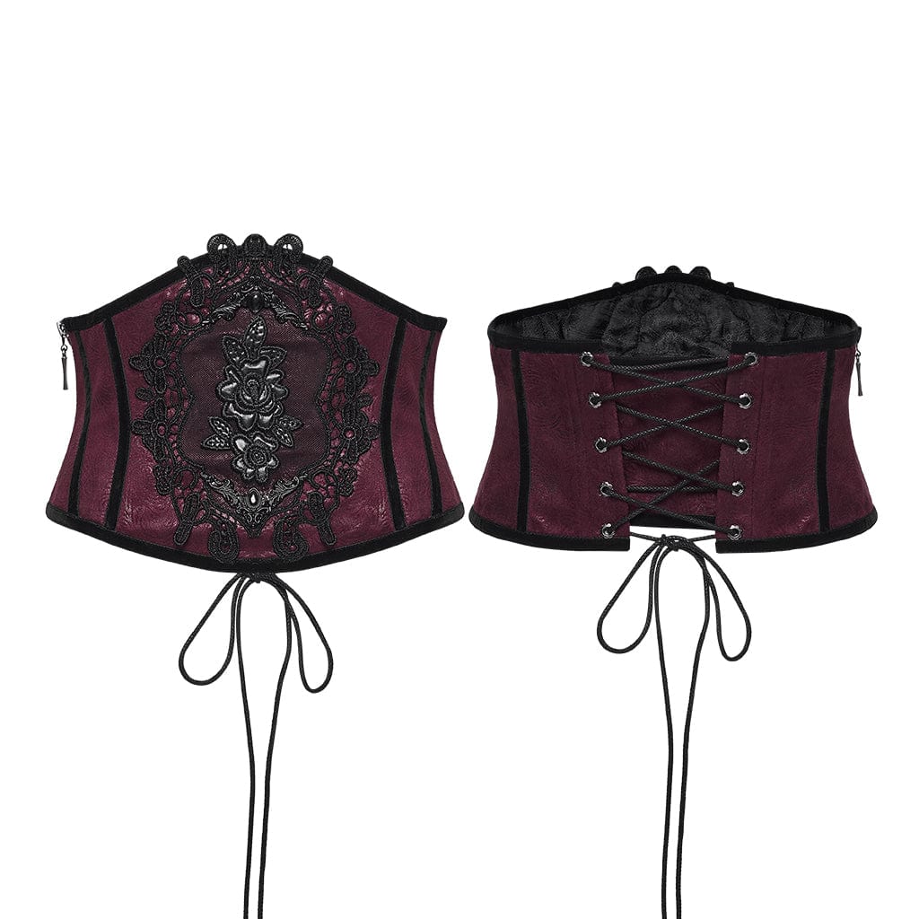 PUNK RAVE Women's Gothic Floral Lace-up Side Zipper Underbust Corset Red