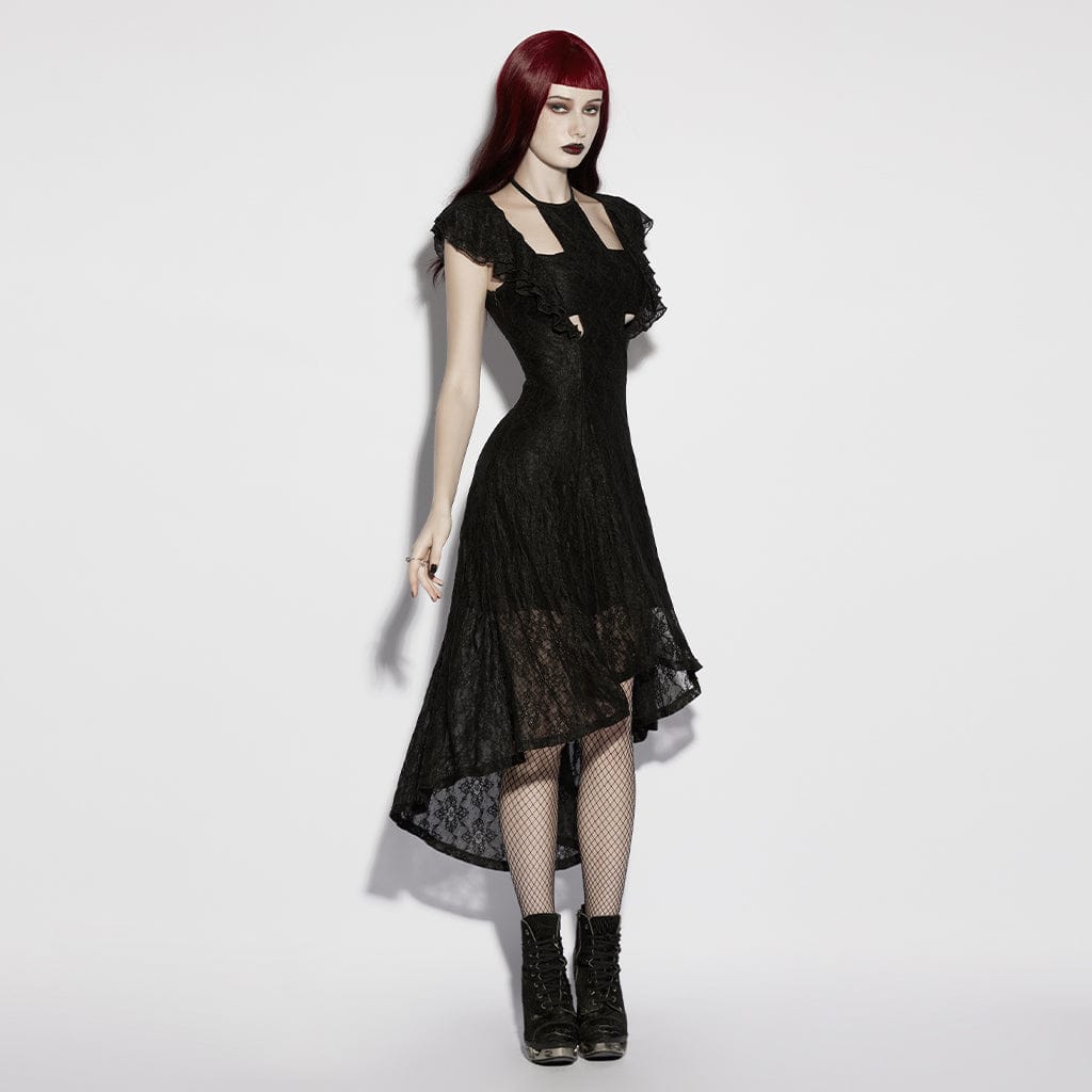 PUNK RAVE Women's Gothic Floral Mesh Cross Halterneck Dress