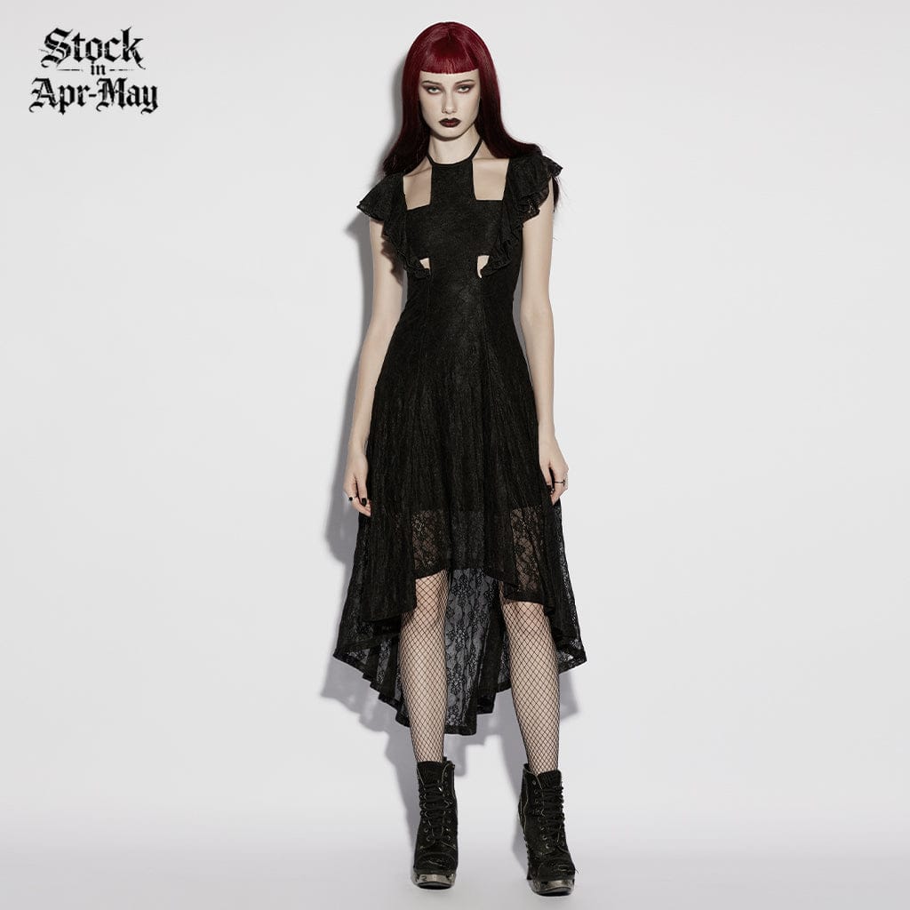 PUNK RAVE Women's Gothic Floral Mesh Cross Halterneck Dress