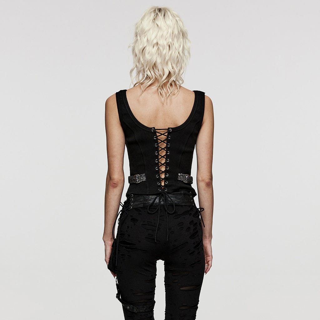 PUNK RAVE Women's Gothic Floral Printed Buckle Vest