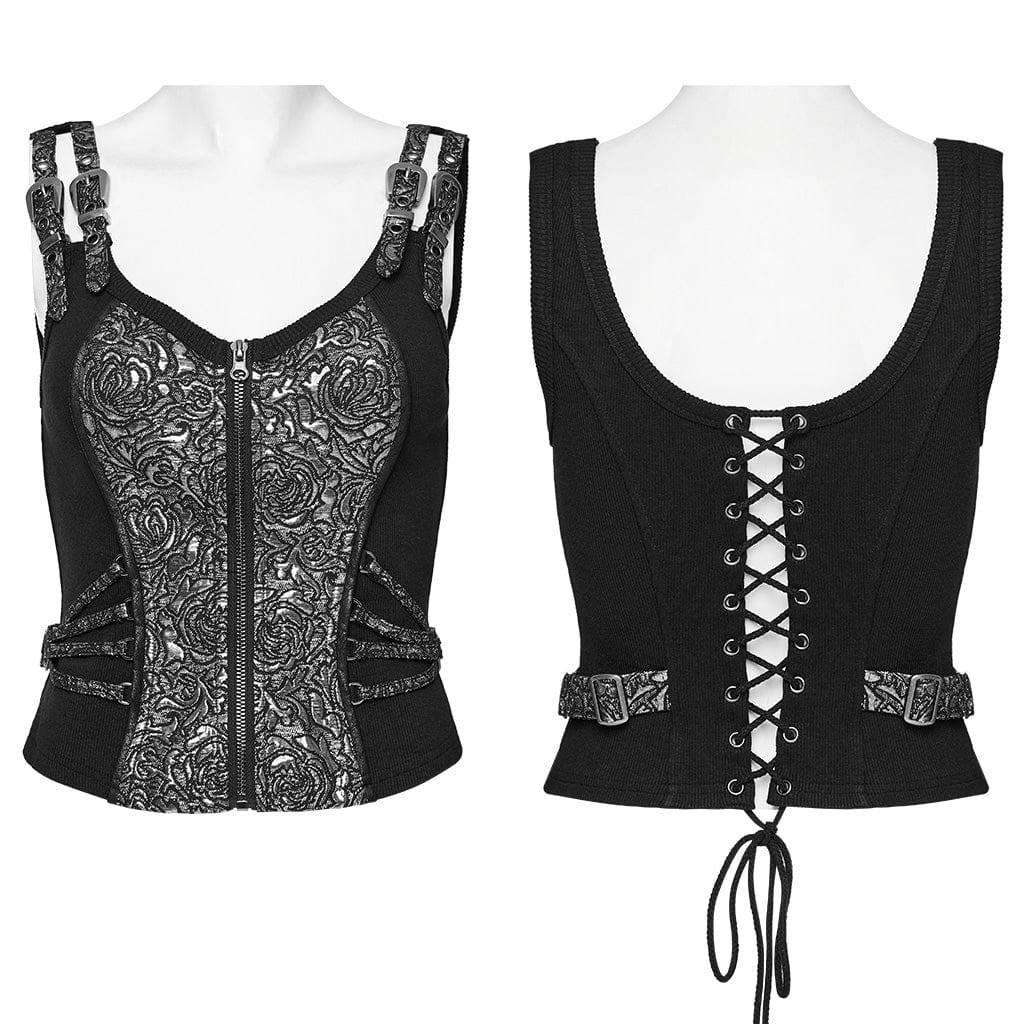 PUNK RAVE Women's Gothic Floral Printed Buckle Vest