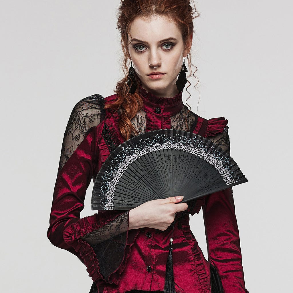 PUNK RAVE Women's Gothic Floral Printed Carving Fan