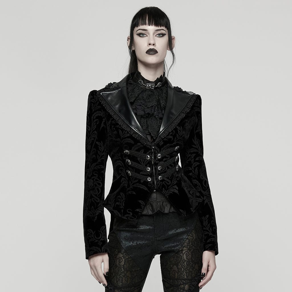 PUNK RAVE Women's Gothic Floral Printed Lace-up Jacket Black