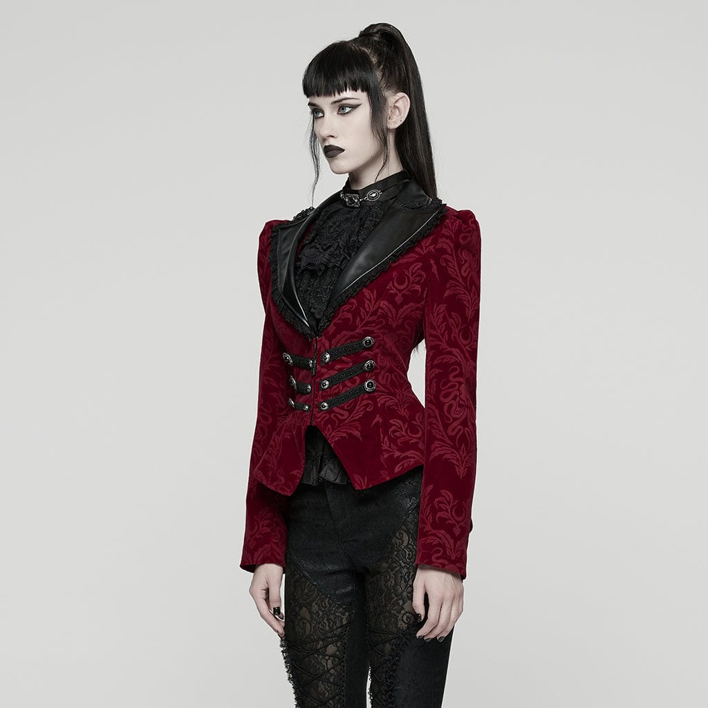 PUNK RAVE Women's Gothic Floral Printed Lace-up Jacket Red