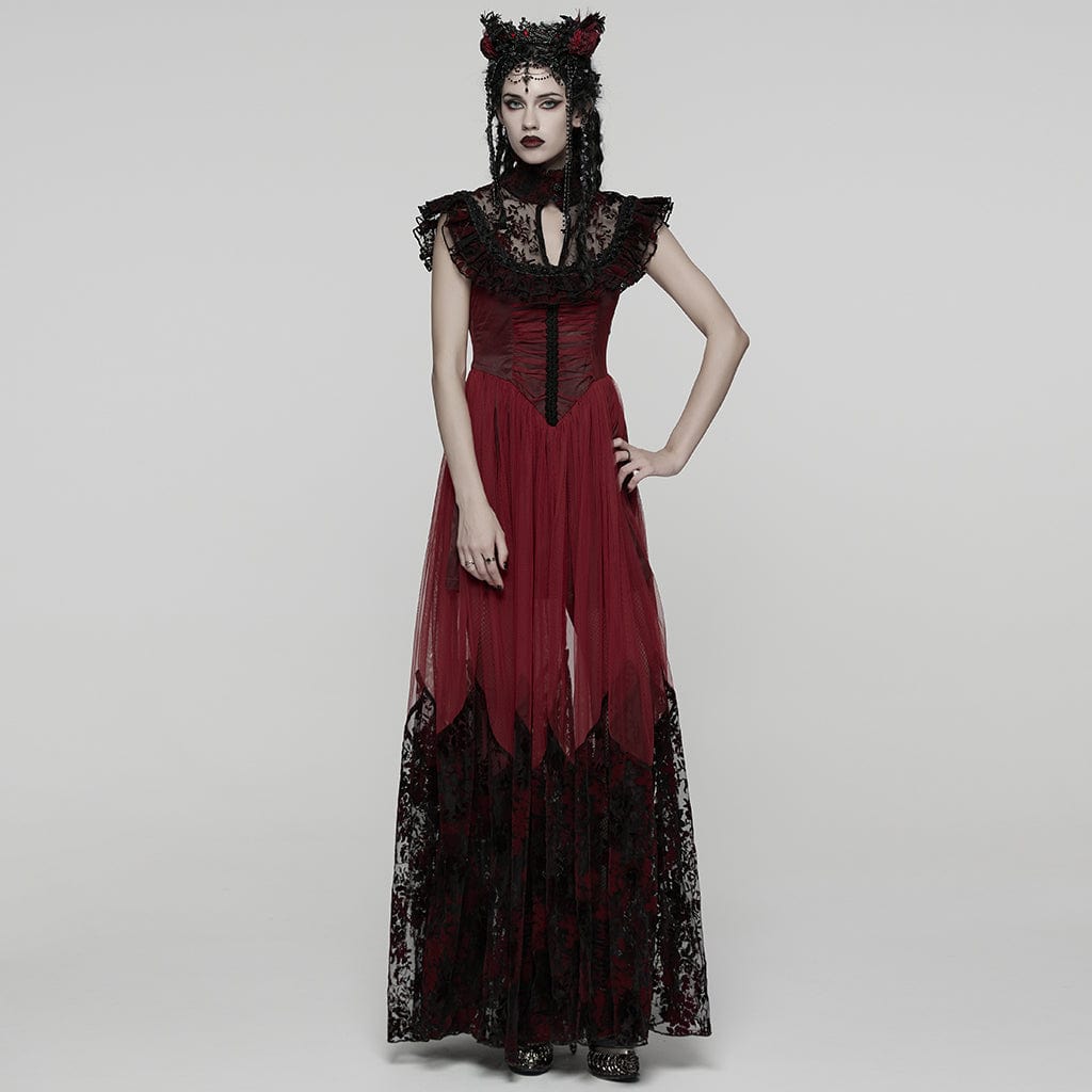 PUNK RAVE Women's Gothic Floral Printed Lace-up Prom Dress