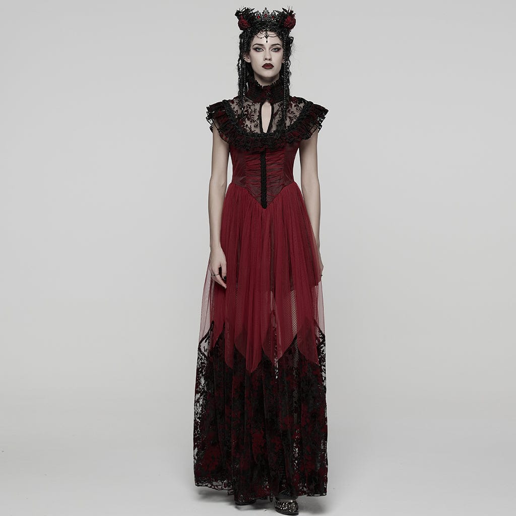 PUNK RAVE Women's Gothic Floral Printed Lace-up Prom Dress