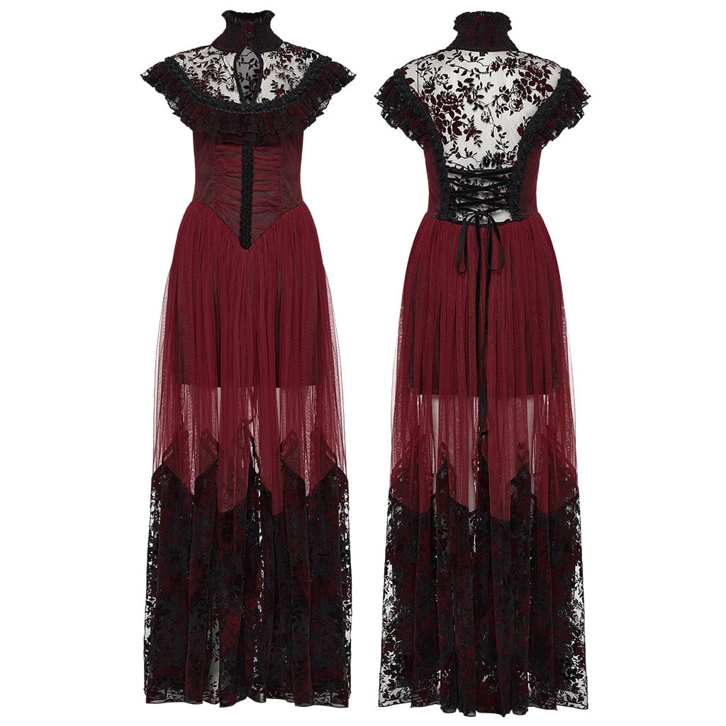 PUNK RAVE Women's Gothic Floral Printed Lace-up Prom Dress