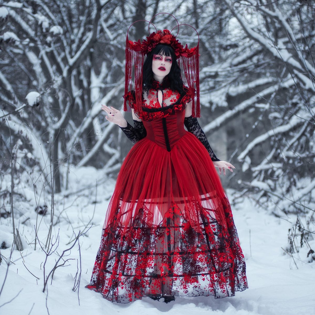 PUNK RAVE Women's Gothic Floral Printed Lace-up Prom Dress