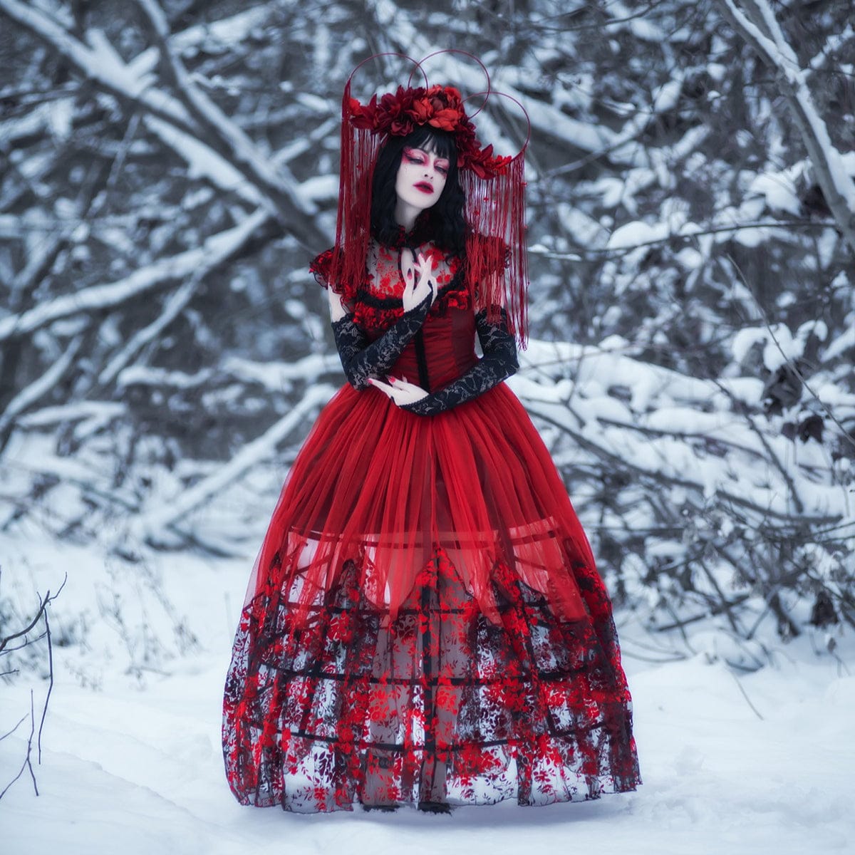 PUNK RAVE Women's Gothic Floral Printed Lace-up Prom Dress