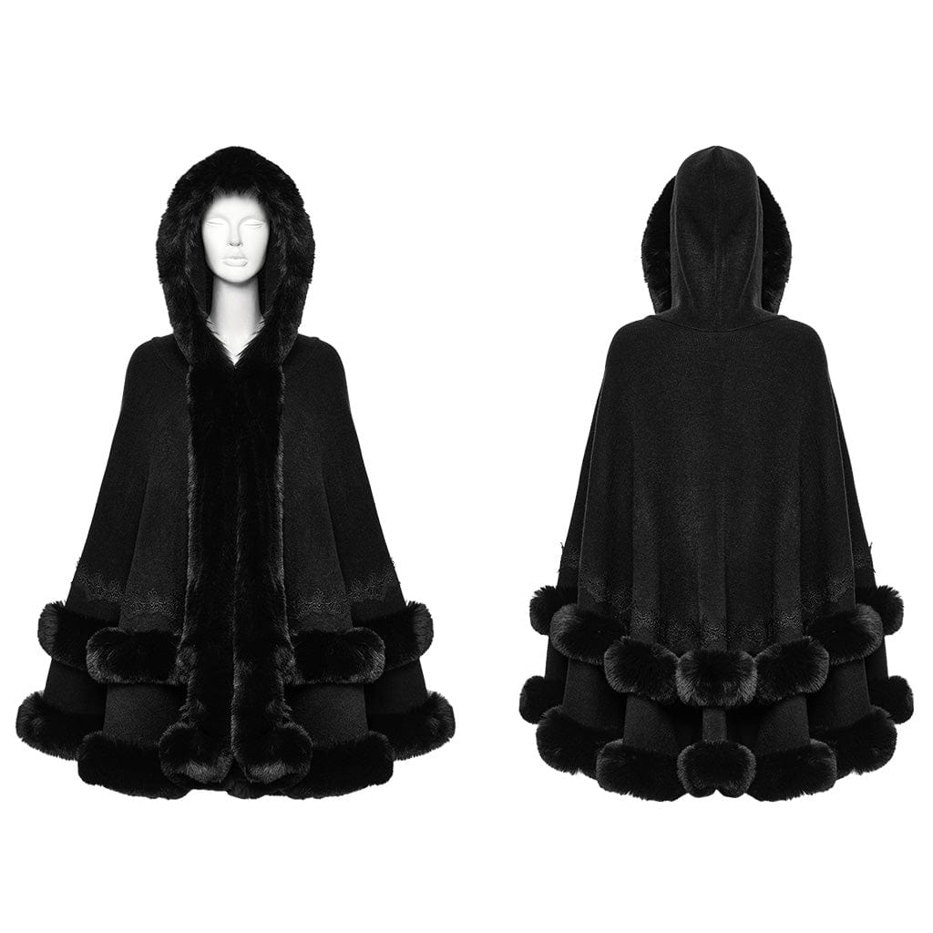 PUNK RAVE Women's Gothic Fluffy Hooded Winter Cloak Black
