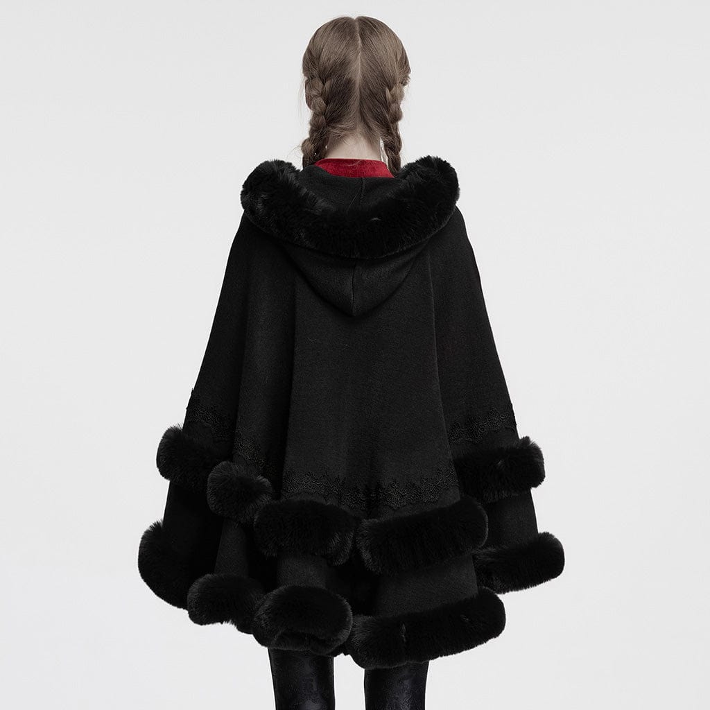 PUNK RAVE Women's Gothic Fluffy Hooded Winter Cloak Black