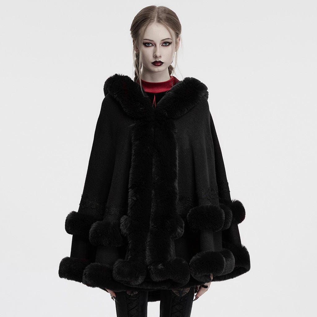 PUNK RAVE Women's Gothic Fluffy Hooded Winter Cloak Black