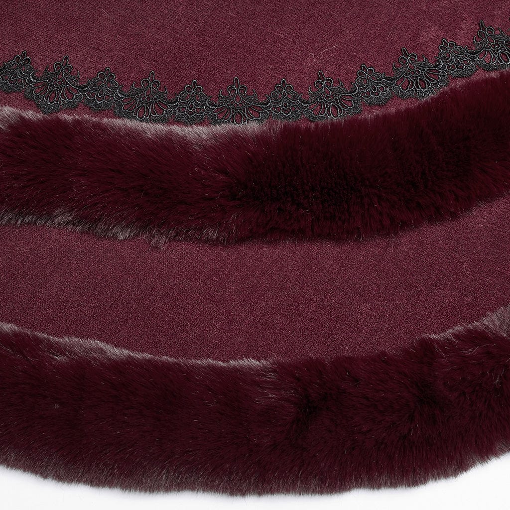 PUNK RAVE Women's Gothic Fluffy Hooded Winter Cloak Red