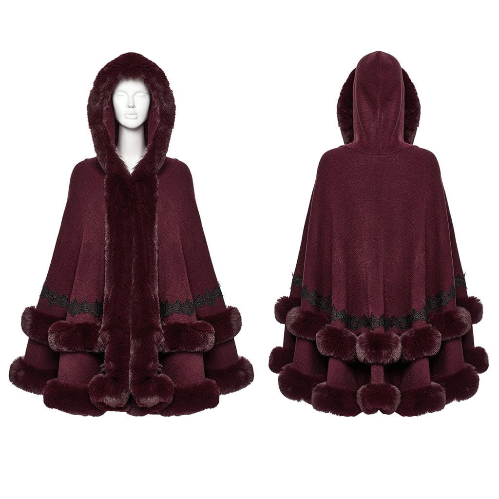 PUNK RAVE Women's Gothic Fluffy Hooded Winter Cloak Red
