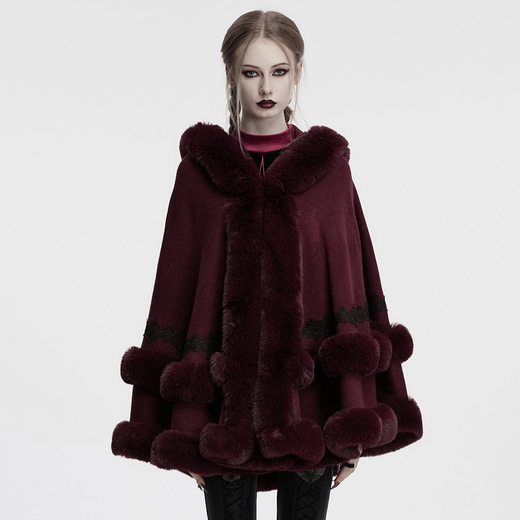 PUNK RAVE Women's Gothic Fluffy Hooded Winter Cloak Red