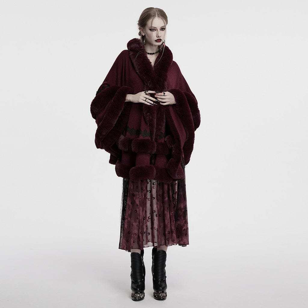 PUNK RAVE Women's Gothic Fluffy Hooded Winter Cloak Red