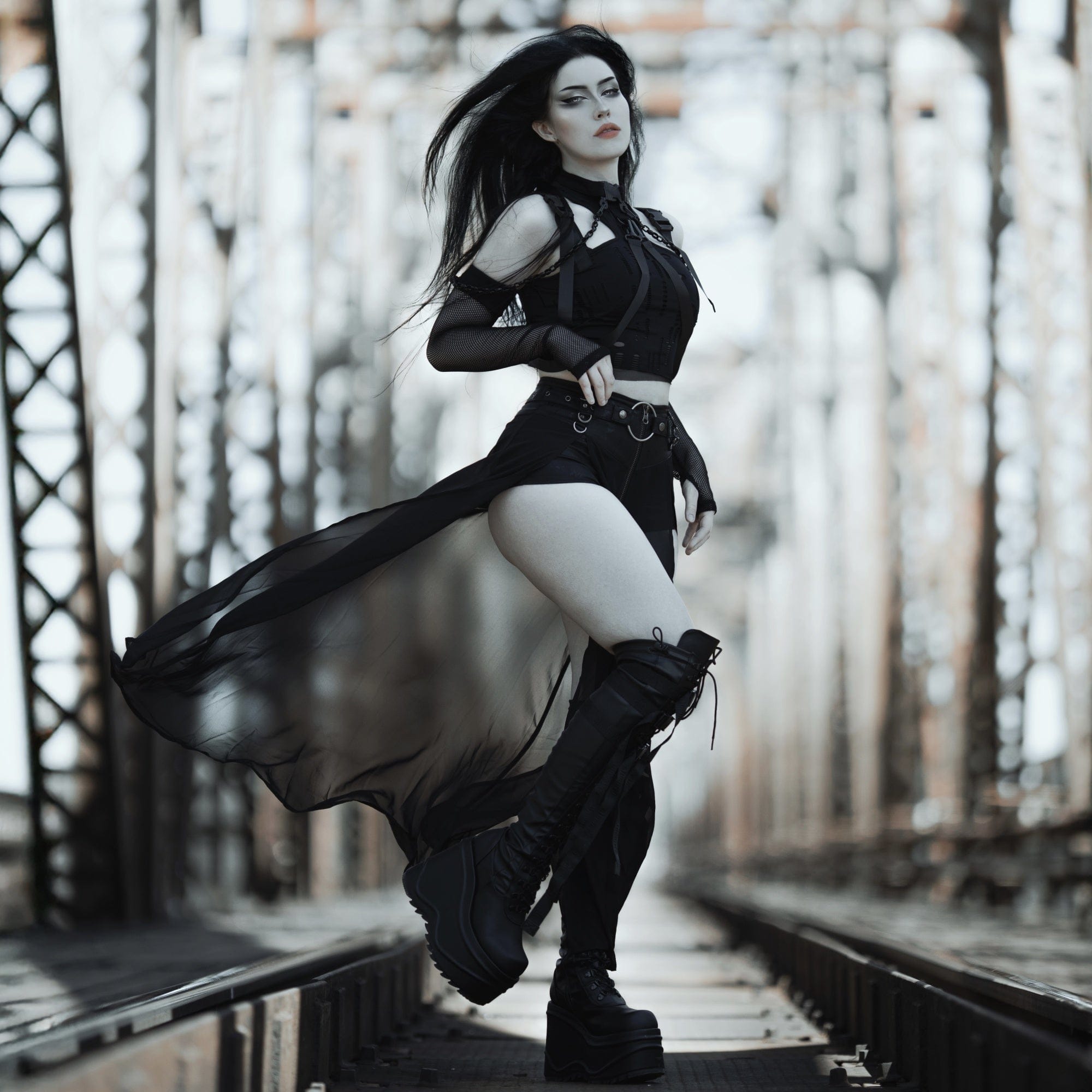 PUNK RAVE Women's Gothic Front Zip Shorts With Overskirts