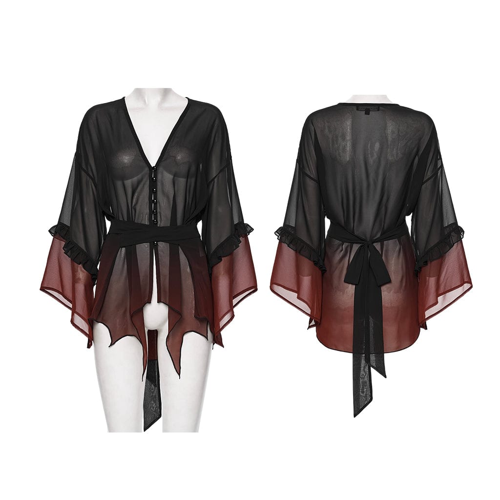 PUNK RAVE Women's Gothic Gradient Flared Sleeve Sheer Chiffon Shirt