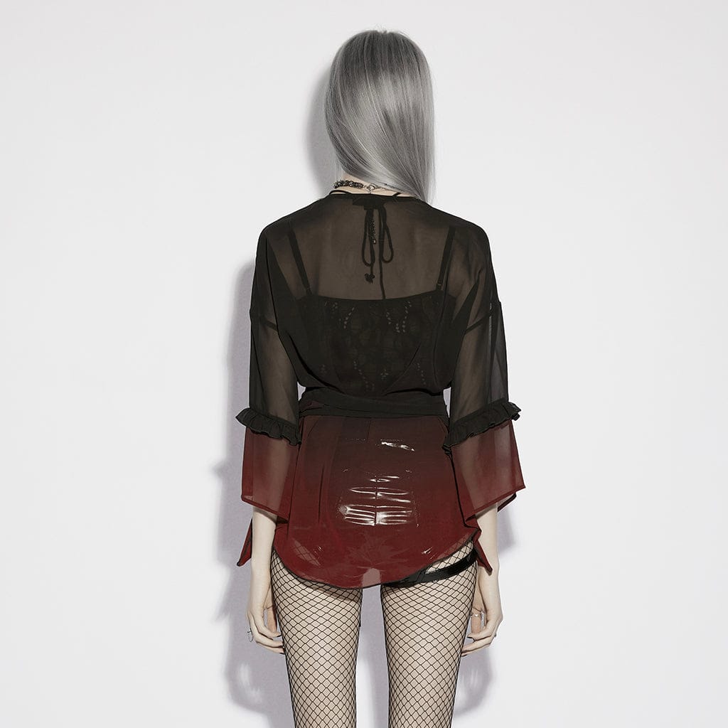PUNK RAVE Women's Gothic Gradient Flared Sleeve Sheer Chiffon Shirt