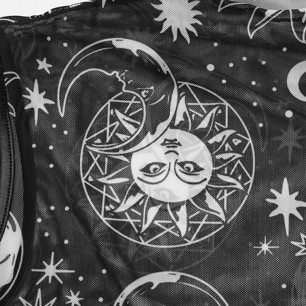 PUNK RAVE Women's Gothic Half-high Collar Sun Mesh Tank Top