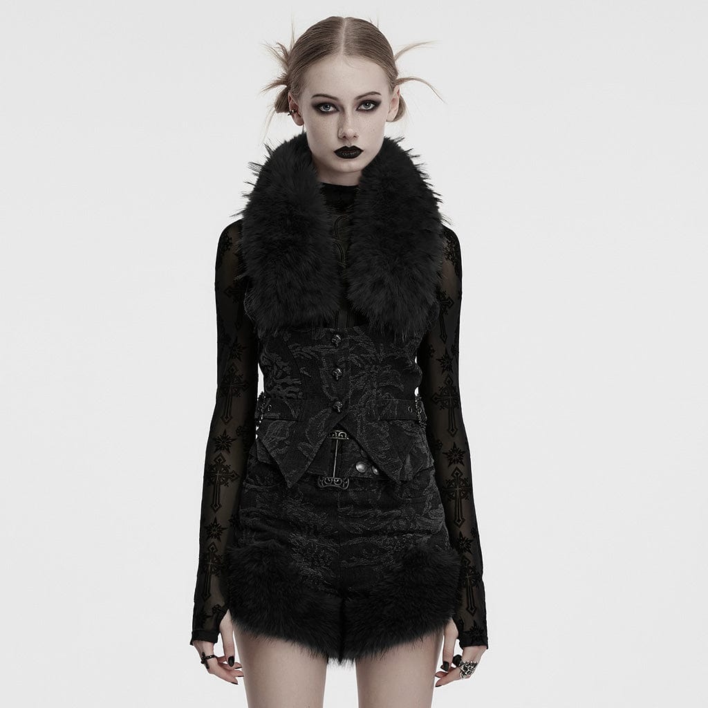 PUNK RAVE Women's Gothic Halterneck Jacquard Denim Vest with Faux Fur Collar Black