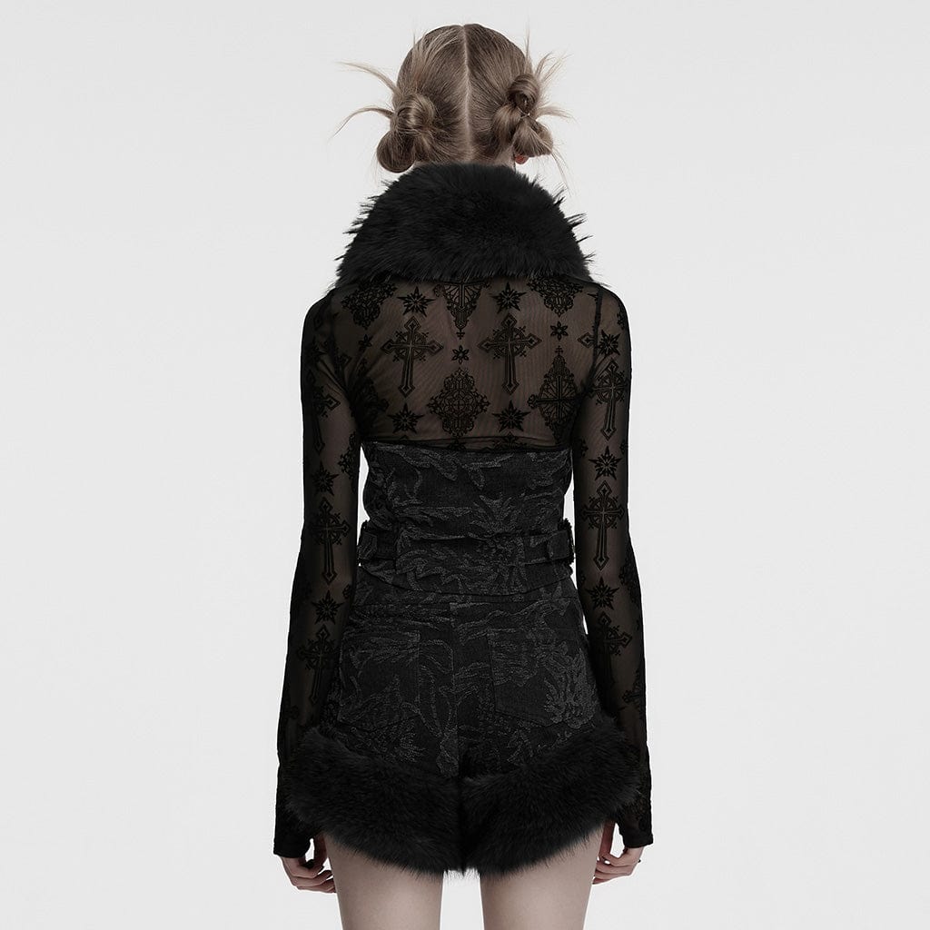 PUNK RAVE Women's Gothic Halterneck Jacquard Denim Vest with Faux Fur Collar Black