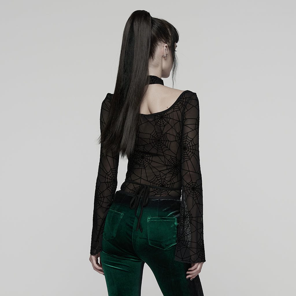 PUNK RAVE Women's Gothic Halterneck Spider Web Mesh Top Black
