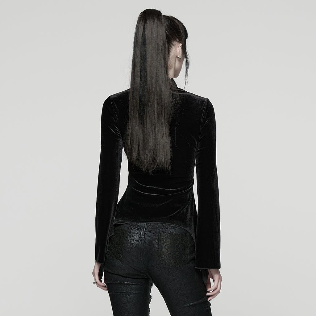 PUNK RAVE Women's Gothic Heart Embroideried Long Sleeved Top Black