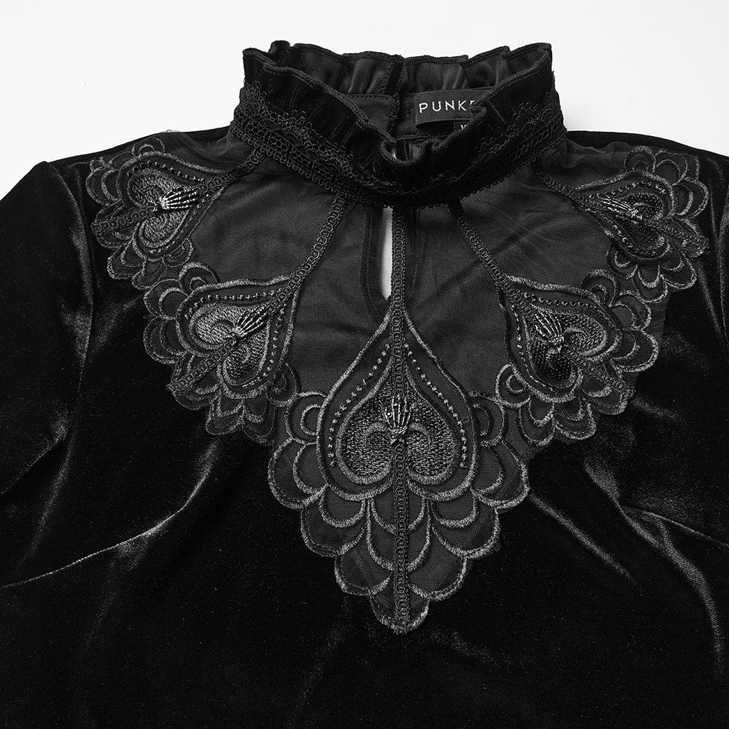 PUNK RAVE Women's Gothic Heart Embroideried Long Sleeved Top Black