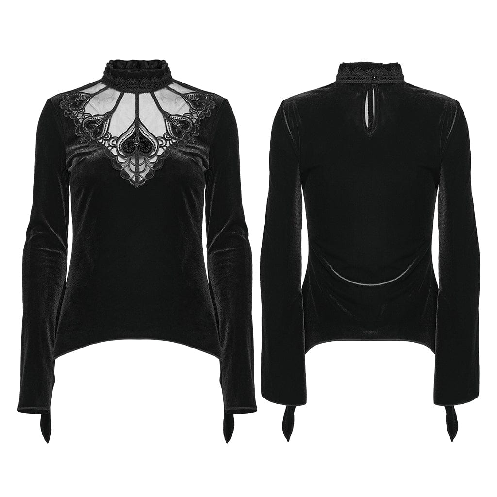 PUNK RAVE Women's Gothic Heart Embroideried Long Sleeved Top Black